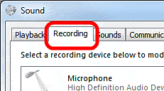 Windows 7 Sound Control Panel, Recording